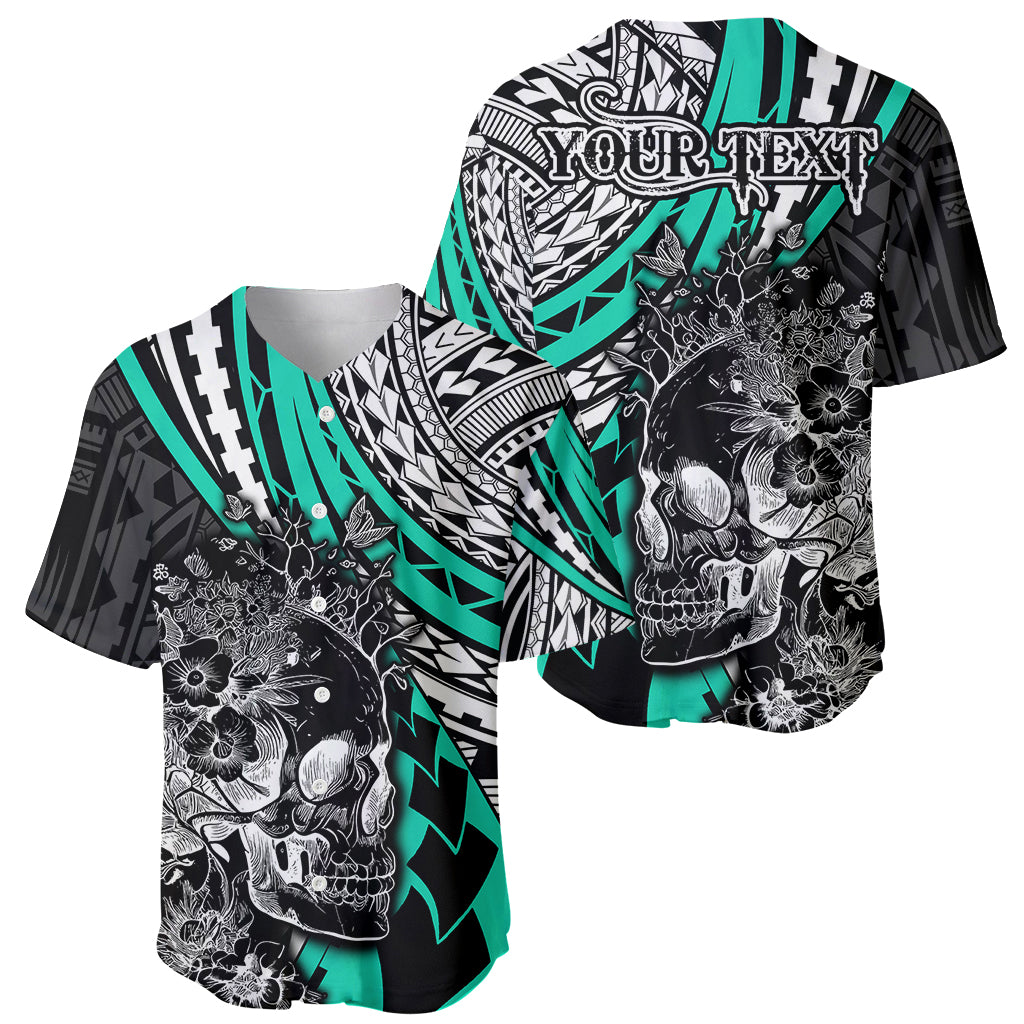 Personalised Polynesia Skull Baseball Jersey Tattoo In The Style Of Maori With Marine Life Aqua LT9 - Polynesian Pride