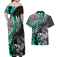 Personalised Polynesia Skull Couples Matching Off Shoulder Maxi Dress and Hawaiian Shirt Tattoo In The Style Of Maori With Marine Life Aqua LT9 - Polynesian Pride