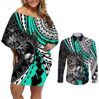 personalised-polynesia-skull-couples-matching-off-shoulder-short-dress-and-long-sleeve-button-shirts-tattoo-in-the-style-of-maori-with-marine-life-aqua