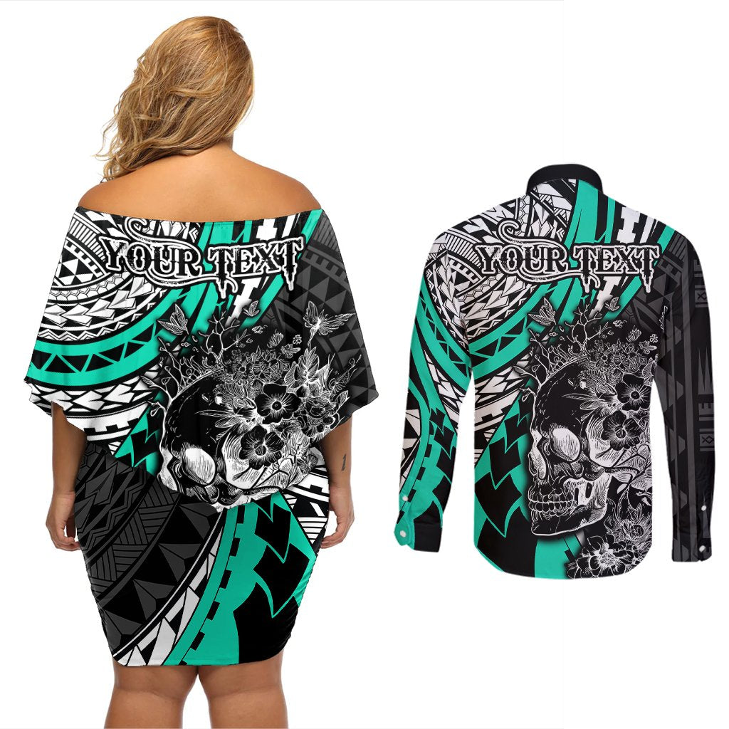 personalised-polynesia-skull-couples-matching-off-shoulder-short-dress-and-long-sleeve-button-shirts-tattoo-in-the-style-of-maori-with-marine-life-aqua