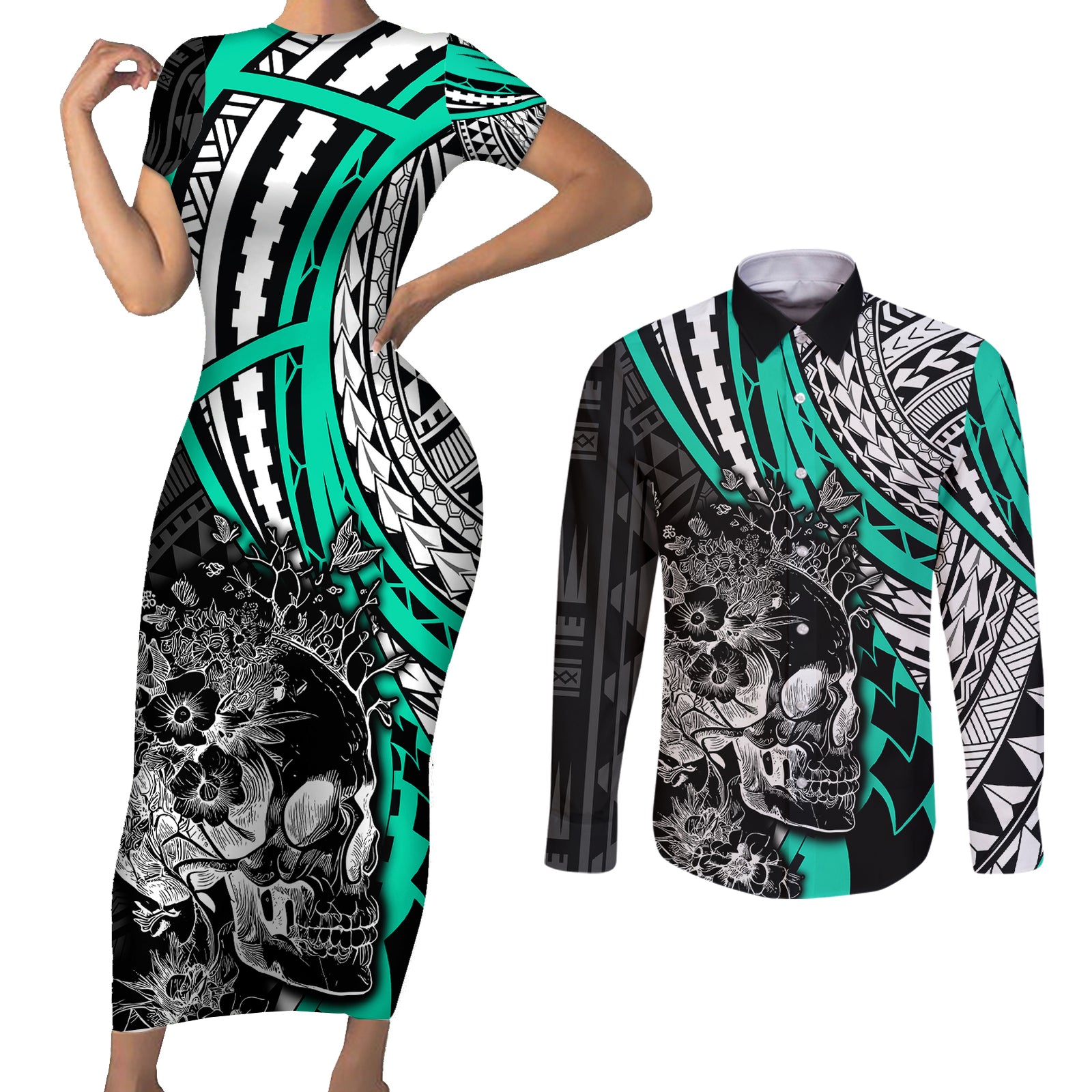 personalised-polynesia-skull-couples-matching-short-sleeve-bodycon-dress-and-long-sleeve-button-shirts-tattoo-in-the-style-of-maori-with-marine-life-aqua