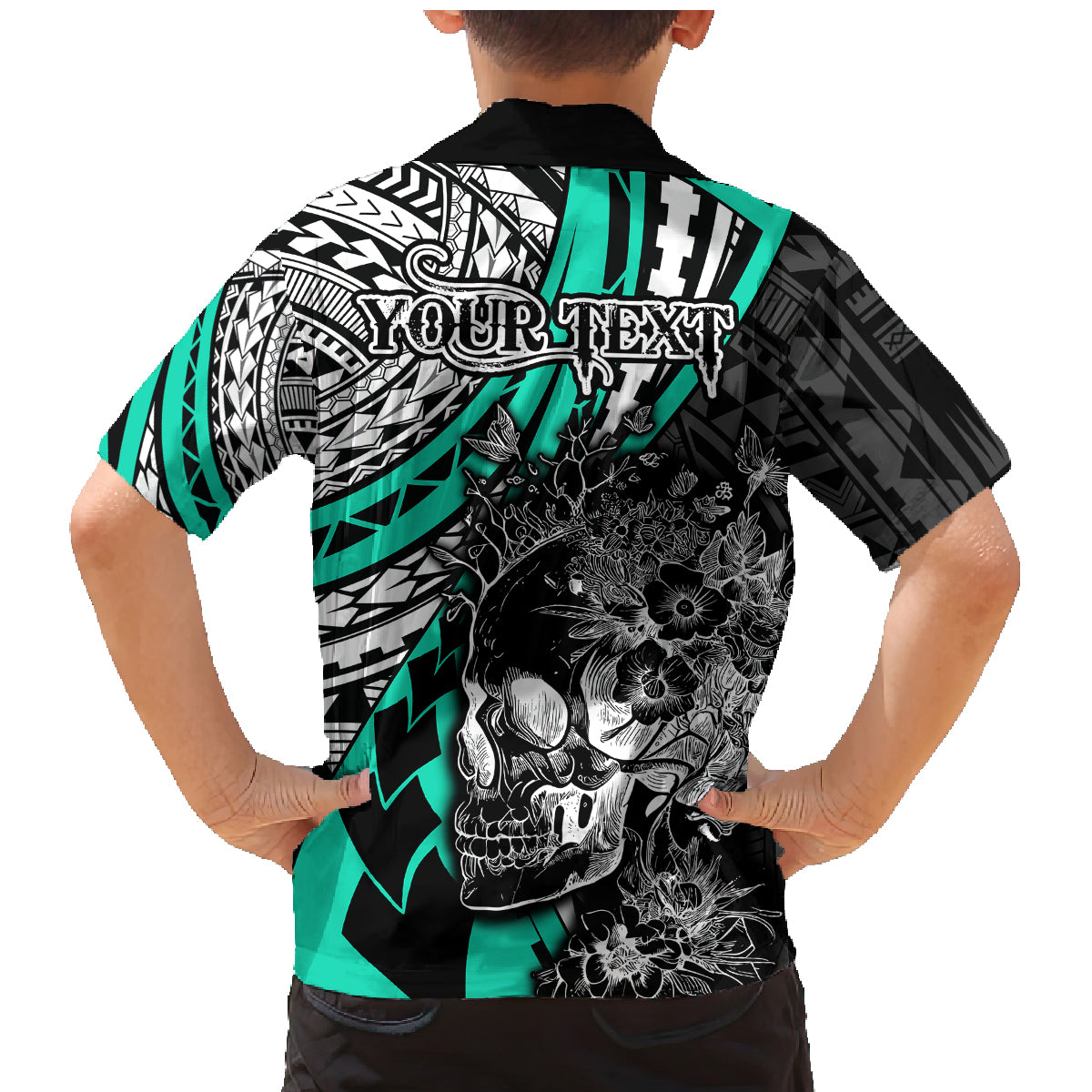 Personalised Polynesia Skull Family Matching Mermaid Dress and Hawaiian Shirt Tattoo In The Style Of Maori With Marine Life Aqua LT9 - Polynesian Pride