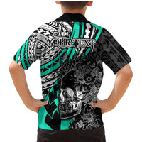 Personalised Polynesia Skull Family Matching Mermaid Dress and Hawaiian Shirt Tattoo In The Style Of Maori With Marine Life Aqua LT9 - Polynesian Pride