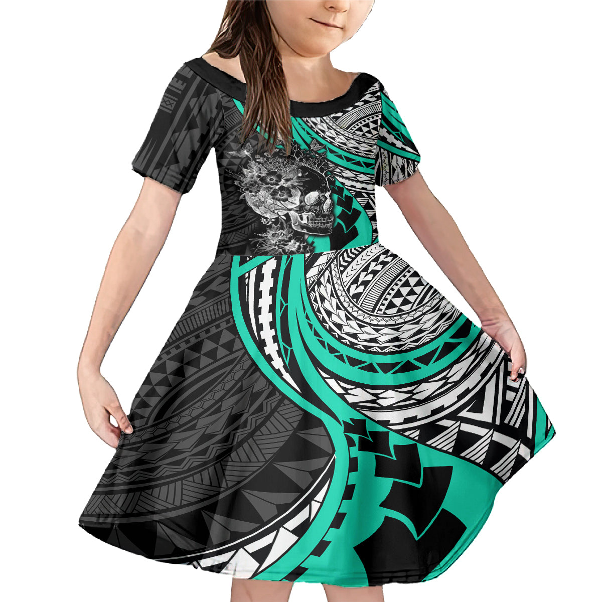 Personalised Polynesia Skull Family Matching Mermaid Dress and Hawaiian Shirt Tattoo In The Style Of Maori With Marine Life Aqua LT9 Daughter's Dress Aqua - Polynesian Pride
