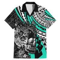 Personalised Polynesia Skull Family Matching Mermaid Dress and Hawaiian Shirt Tattoo In The Style Of Maori With Marine Life Aqua LT9 Dad's Shirt - Short Sleeve Aqua - Polynesian Pride