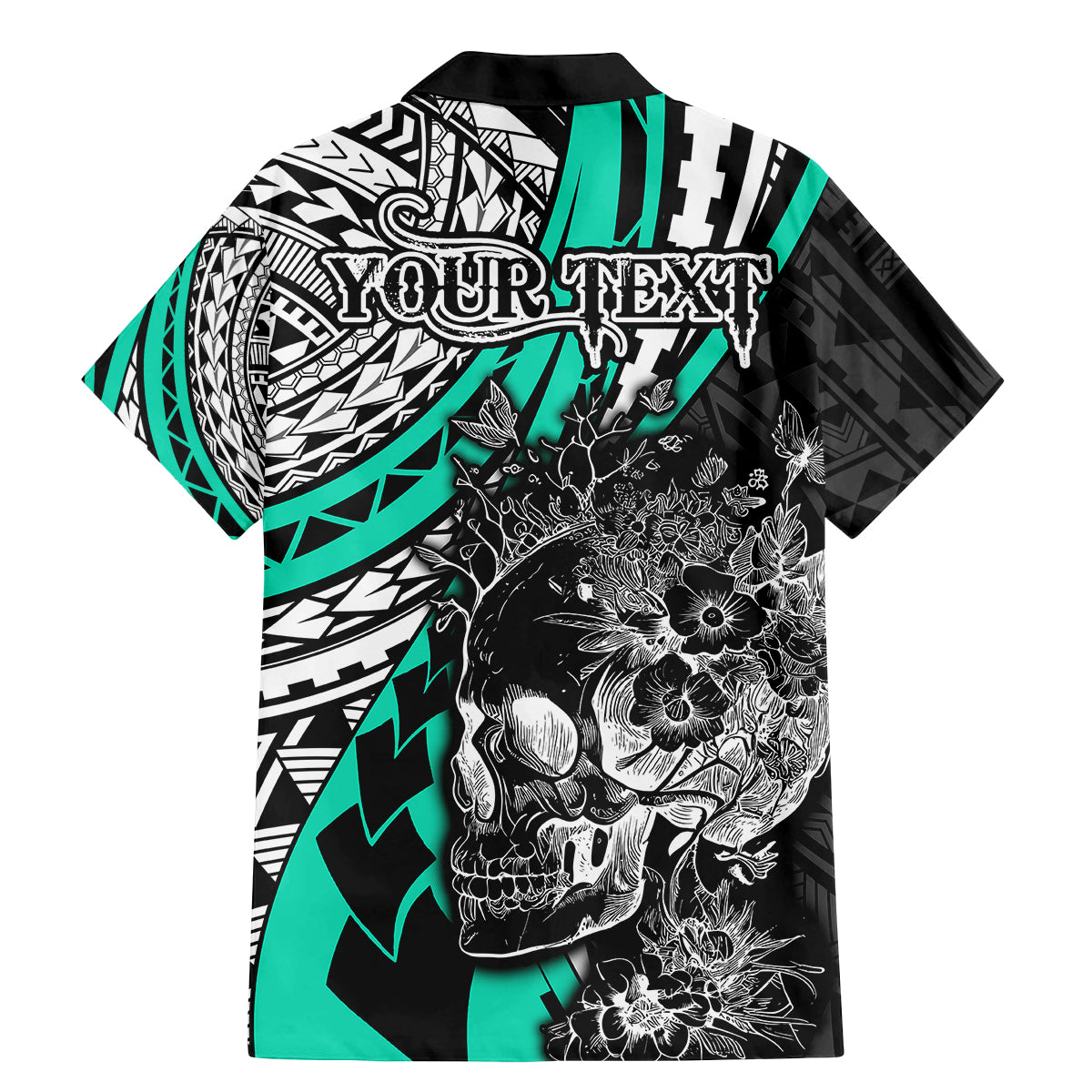 Personalised Polynesia Skull Family Matching Mermaid Dress and Hawaiian Shirt Tattoo In The Style Of Maori With Marine Life Aqua LT9 - Polynesian Pride