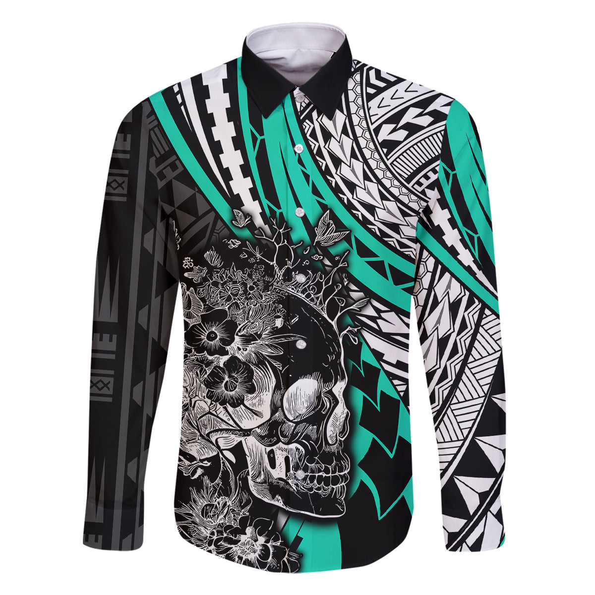Personalised Polynesia Skull Family Matching Mermaid Dress and Hawaiian Shirt Tattoo In The Style Of Maori With Marine Life Aqua LT9 Dad's Shirt - Long Sleeve Aqua - Polynesian Pride