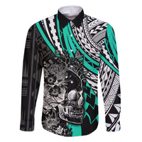 Personalised Polynesia Skull Family Matching Mermaid Dress and Hawaiian Shirt Tattoo In The Style Of Maori With Marine Life Aqua LT9 Dad's Shirt - Long Sleeve Aqua - Polynesian Pride