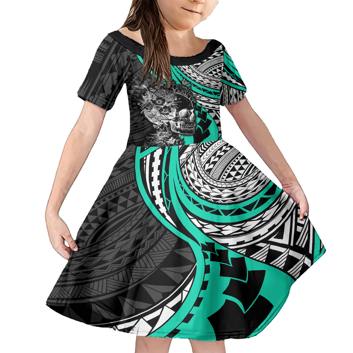 Personalised Polynesia Skull Family Matching Off Shoulder Maxi Dress and Hawaiian Shirt Tattoo In The Style Of Maori With Marine Life Aqua LT9 Daughter's Dress Aqua - Polynesian Pride