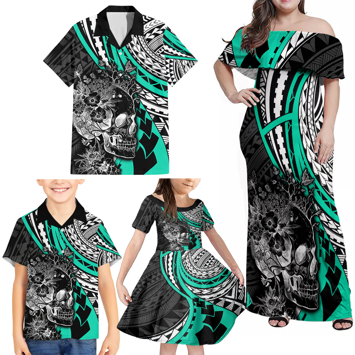 Personalised Polynesia Skull Family Matching Off Shoulder Maxi Dress and Hawaiian Shirt Tattoo In The Style Of Maori With Marine Life Aqua LT9 - Polynesian Pride