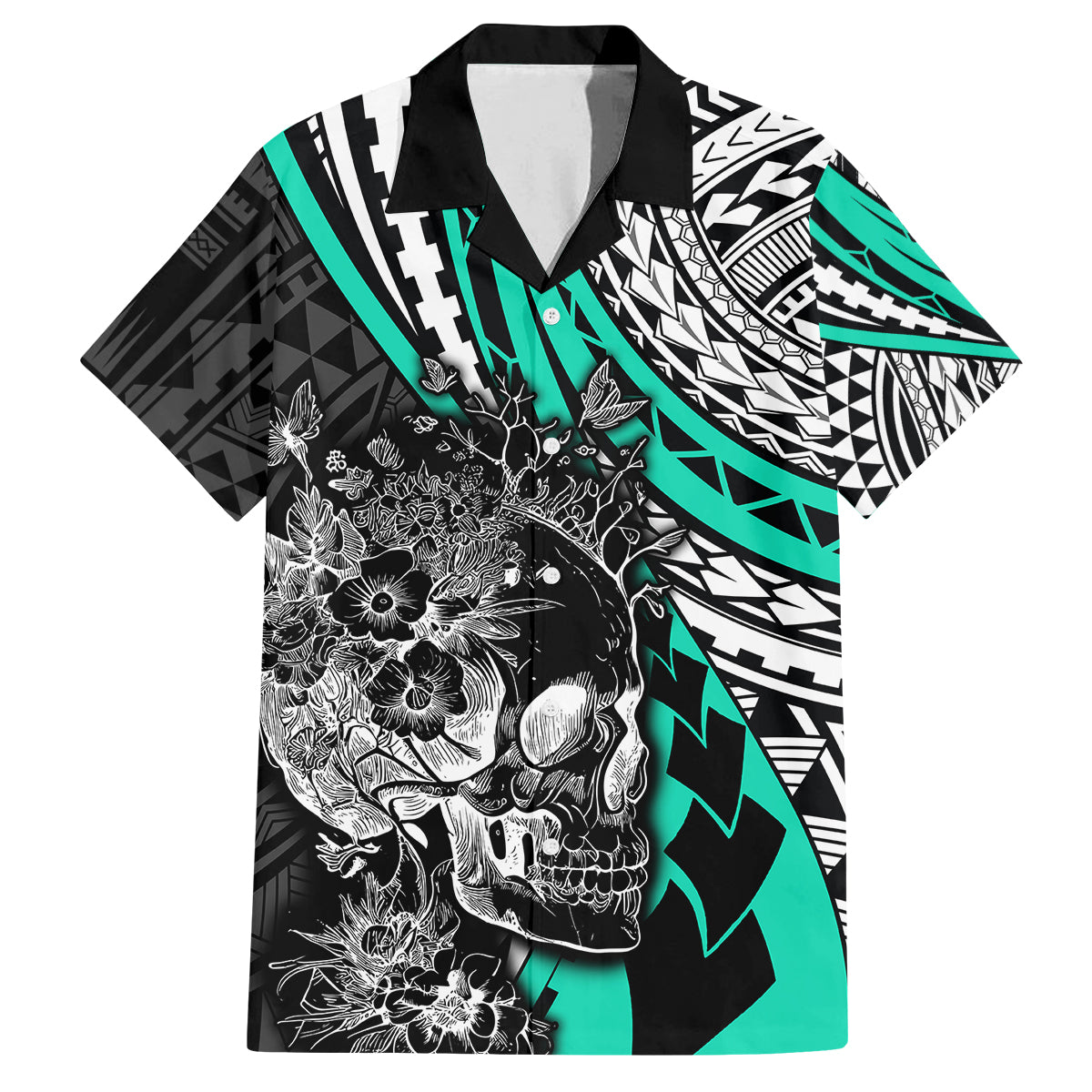 Personalised Polynesia Skull Family Matching Off Shoulder Maxi Dress and Hawaiian Shirt Tattoo In The Style Of Maori With Marine Life Aqua LT9 Dad's Shirt - Short Sleeve Aqua - Polynesian Pride