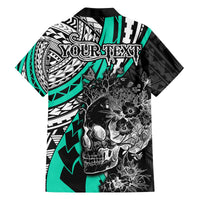 Personalised Polynesia Skull Family Matching Off Shoulder Maxi Dress and Hawaiian Shirt Tattoo In The Style Of Maori With Marine Life Aqua LT9 - Polynesian Pride