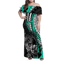 Personalised Polynesia Skull Family Matching Off Shoulder Maxi Dress and Hawaiian Shirt Tattoo In The Style Of Maori With Marine Life Aqua LT9 Mom's Dress Aqua - Polynesian Pride