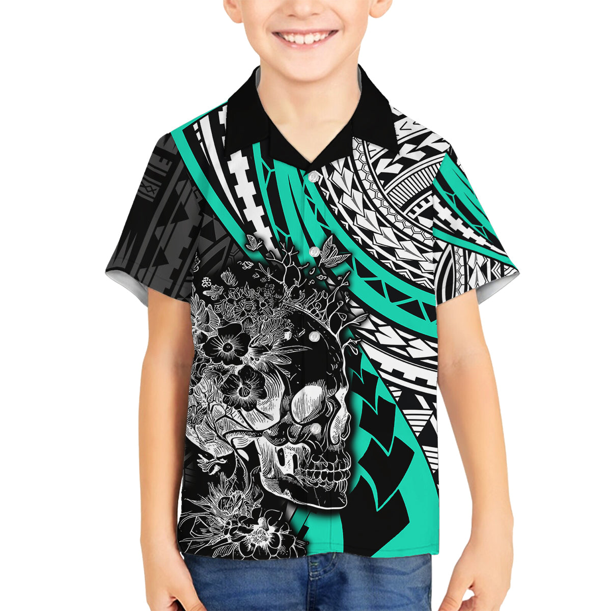 Personalised Polynesia Skull Family Matching Off Shoulder Maxi Dress and Hawaiian Shirt Tattoo In The Style Of Maori With Marine Life Aqua LT9 Son's Shirt Aqua - Polynesian Pride
