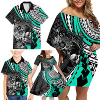 Personalised Polynesia Skull Family Matching Off Shoulder Short Dress and Hawaiian Shirt Tattoo In The Style Of Maori With Marine Life Aqua LT9 - Polynesian Pride