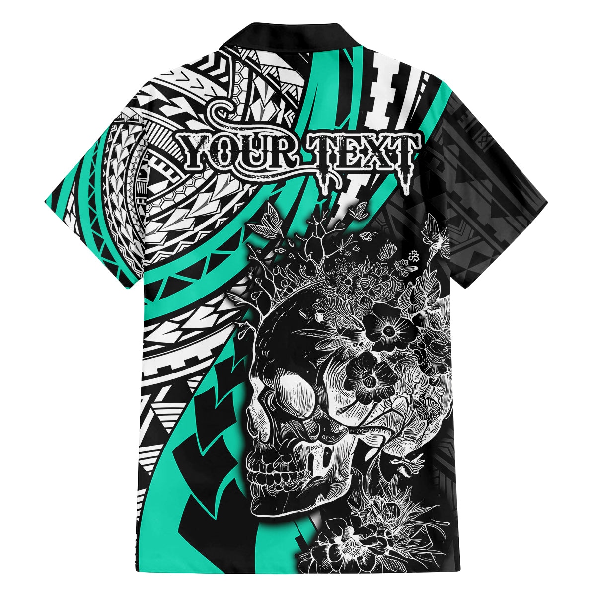 Personalised Polynesia Skull Family Matching Off Shoulder Short Dress and Hawaiian Shirt Tattoo In The Style Of Maori With Marine Life Aqua LT9 - Polynesian Pride