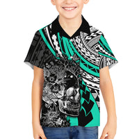 Personalised Polynesia Skull Family Matching Off Shoulder Short Dress and Hawaiian Shirt Tattoo In The Style Of Maori With Marine Life Aqua LT9 Son's Shirt Aqua - Polynesian Pride