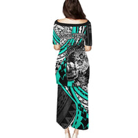 Personalised Polynesia Skull Family Matching Puletasi Dress and Hawaiian Shirt Tattoo In The Style Of Maori With Marine Life Aqua LT9 - Polynesian Pride