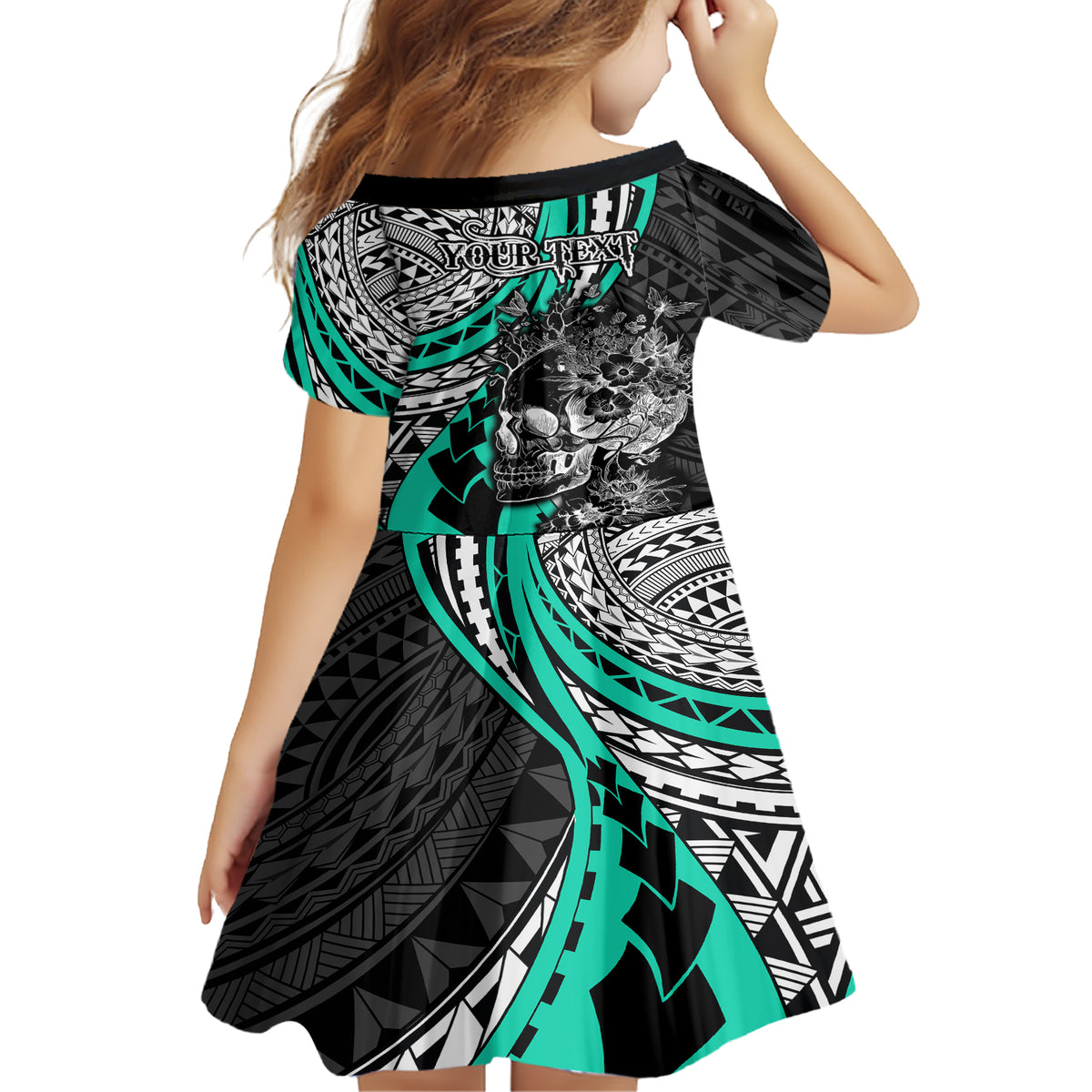 Personalised Polynesia Skull Family Matching Short Sleeve Bodycon Dress and Hawaiian Shirt Tattoo In The Style Of Maori With Marine Life Aqua LT9 - Polynesian Pride