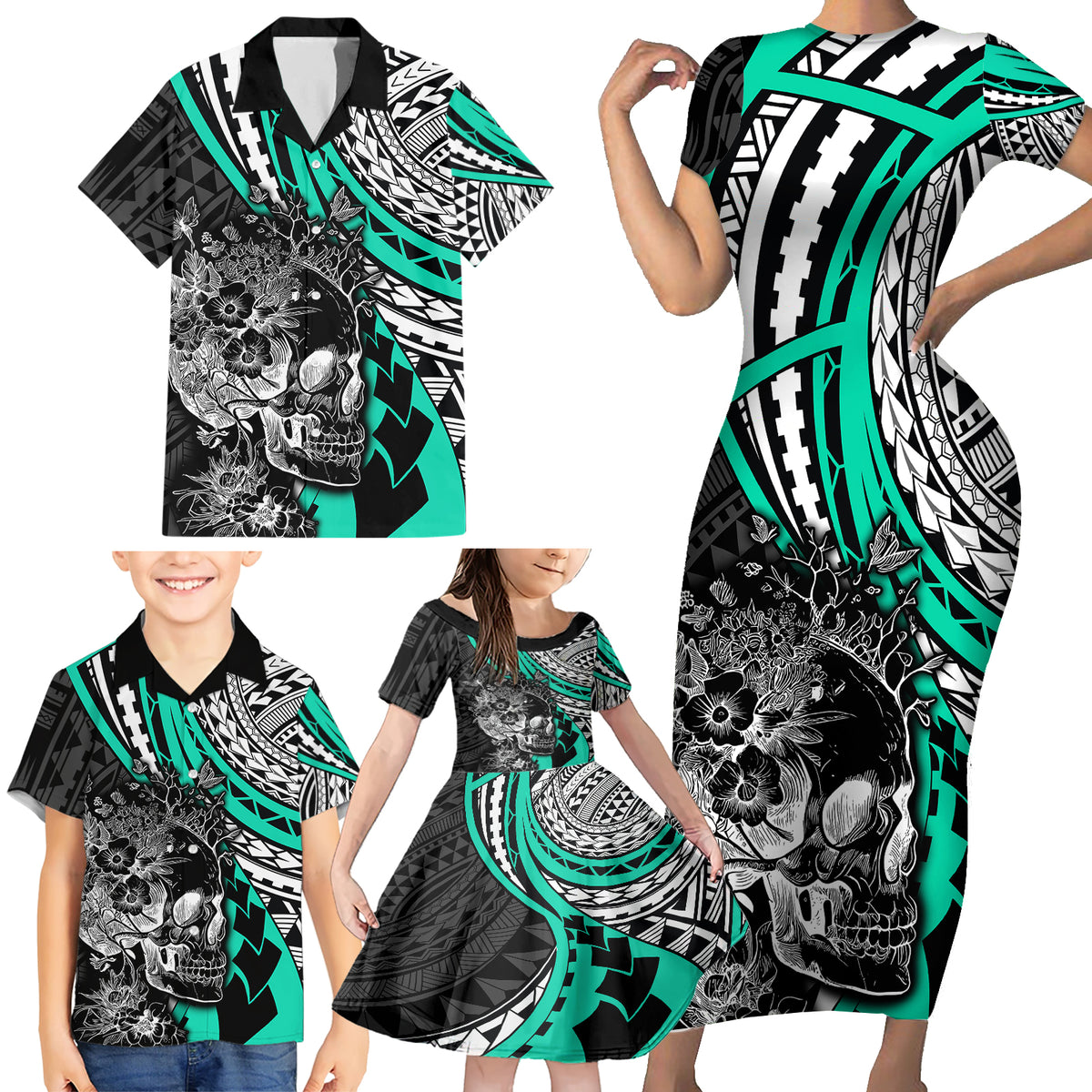 Personalised Polynesia Skull Family Matching Short Sleeve Bodycon Dress and Hawaiian Shirt Tattoo In The Style Of Maori With Marine Life Aqua LT9 - Polynesian Pride