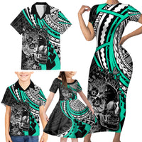 Personalised Polynesia Skull Family Matching Short Sleeve Bodycon Dress and Hawaiian Shirt Tattoo In The Style Of Maori With Marine Life Aqua LT9 - Polynesian Pride