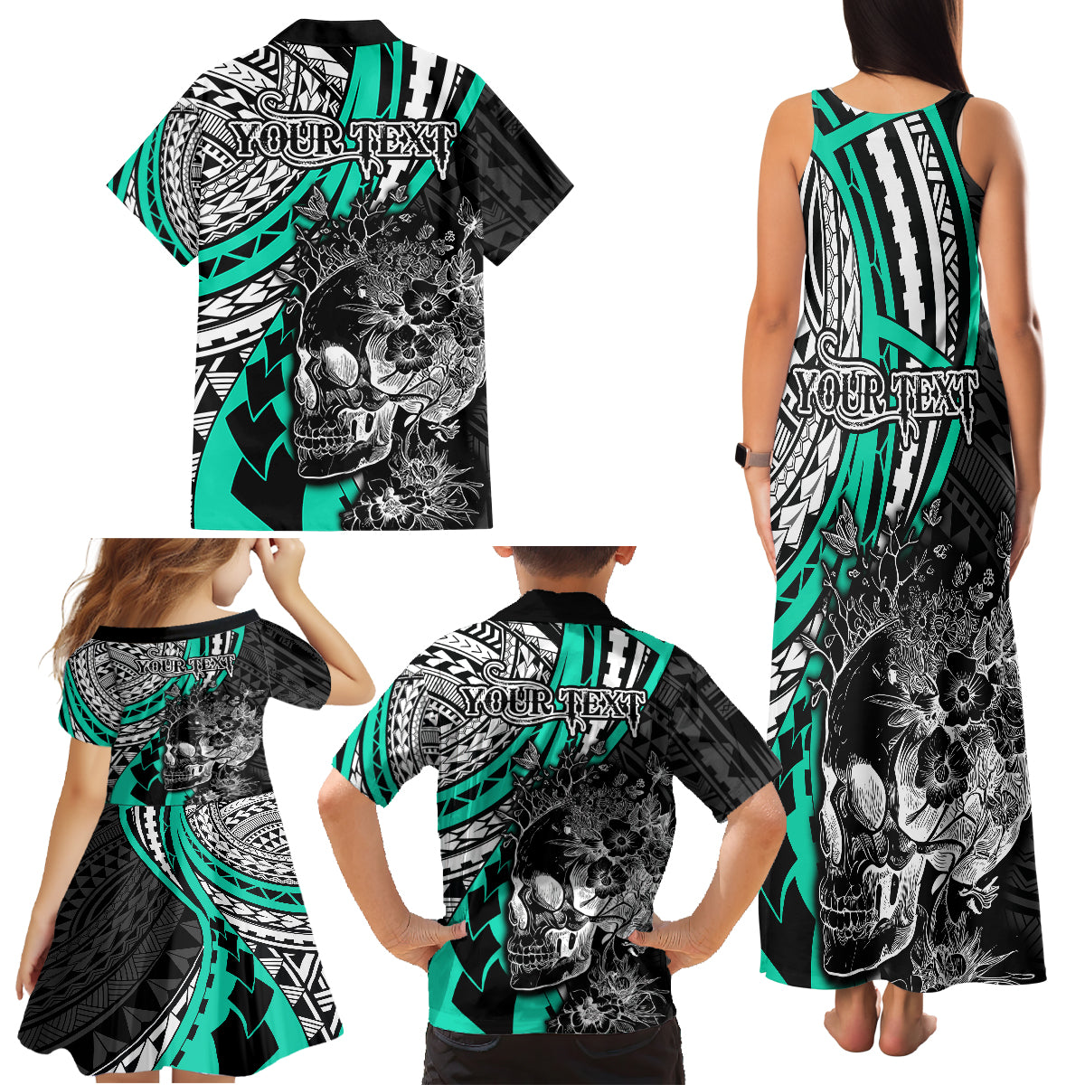 Personalised Polynesia Skull Family Matching Tank Maxi Dress and Hawaiian Shirt Tattoo In The Style Of Maori With Marine Life Aqua LT9 - Polynesian Pride