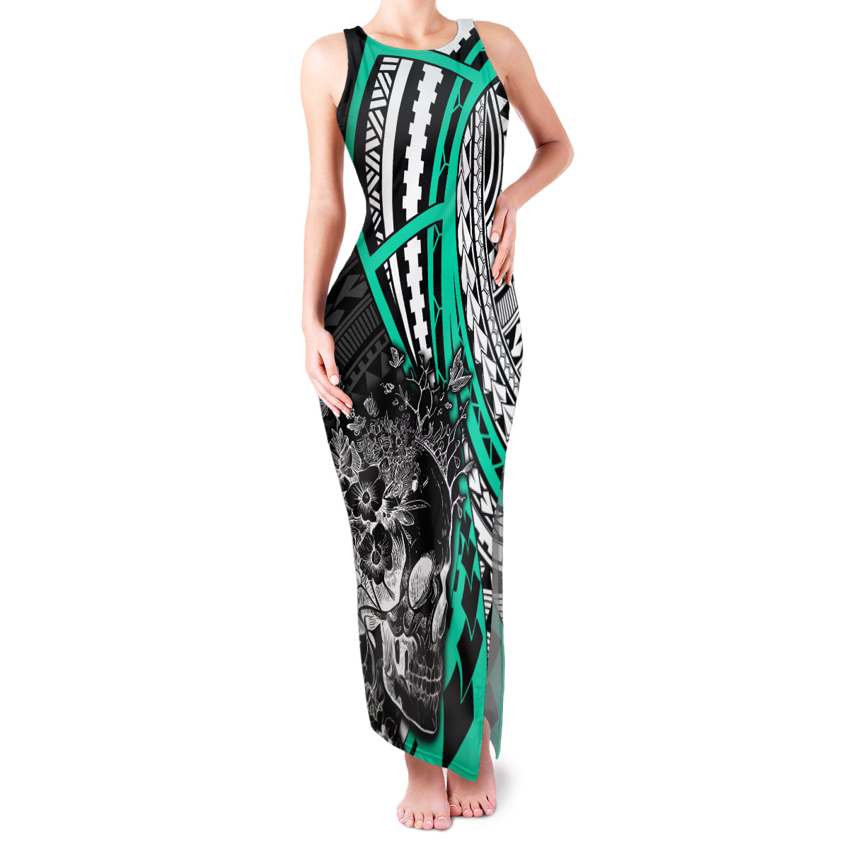 Personalised Polynesia Skull Family Matching Tank Maxi Dress and Hawaiian Shirt Tattoo In The Style Of Maori With Marine Life Aqua LT9 Mom's Dress Aqua - Polynesian Pride