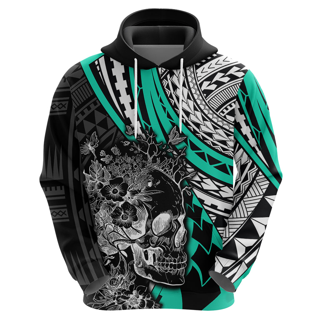 Personalised Polynesia Skull Hoodie Tattoo In The Style Of Maori With Marine Life Aqua LT9 - Polynesian Pride