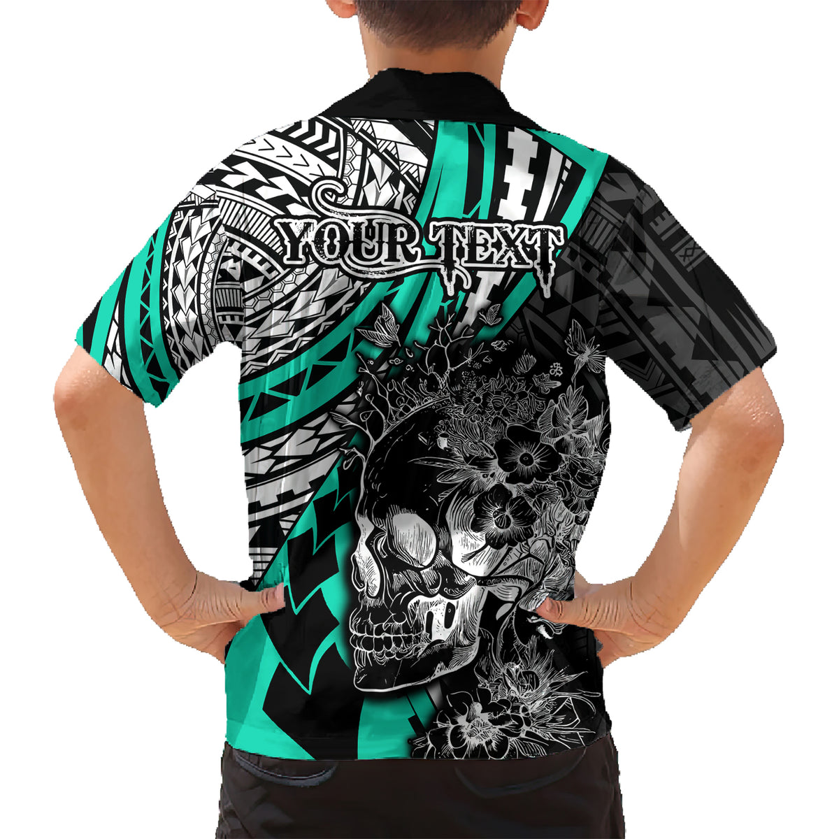 Personalised Polynesia Skull Kid Hawaiian Shirt Tattoo In The Style Of Maori With Marine Life Aqua LT9 - Polynesian Pride