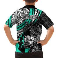 Personalised Polynesia Skull Kid Hawaiian Shirt Tattoo In The Style Of Maori With Marine Life Aqua LT9 - Polynesian Pride