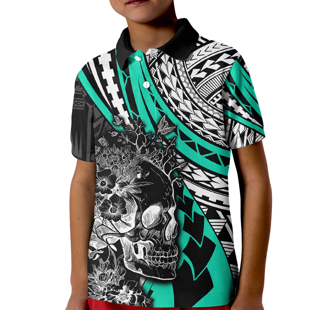 Personalised Polynesia Skull Kid Polo Shirt Tattoo In The Style Of Maori With Marine Life Aqua LT9 Kid Aqua - Polynesian Pride