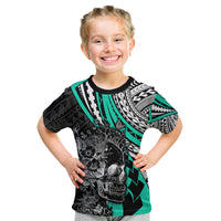 Personalised Polynesia Skull Kid T Shirt Tattoo In The Style Of Maori With Marine Life Aqua LT9 Aqua - Polynesian Pride