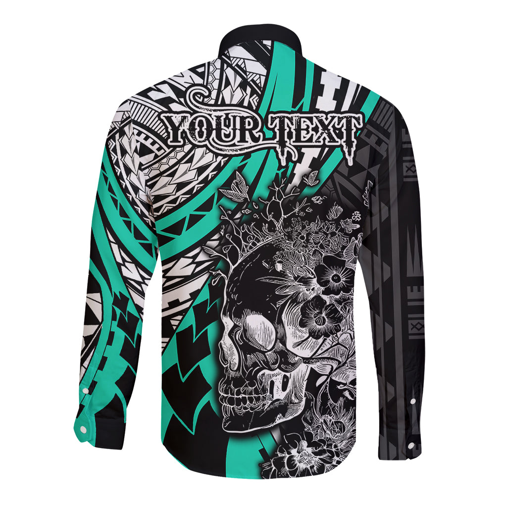 personalised-polynesia-skull-long-sleeve-button-shirt-tattoo-in-the-style-of-maori-with-marine-life-aqua