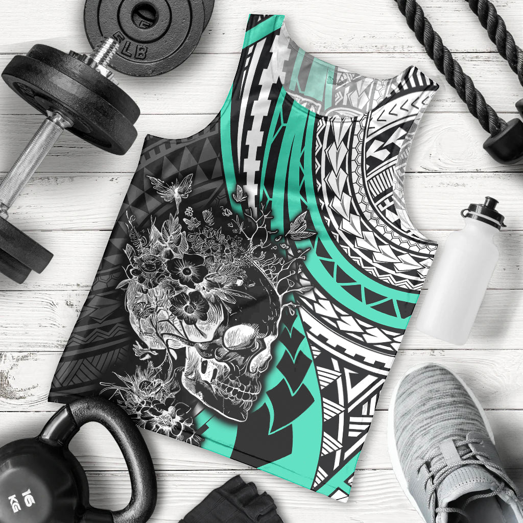 Personalised Polynesia Skull Men Tank Top Tattoo In The Style Of Maori With Marine Life Aqua LT9 Aqua - Polynesian Pride