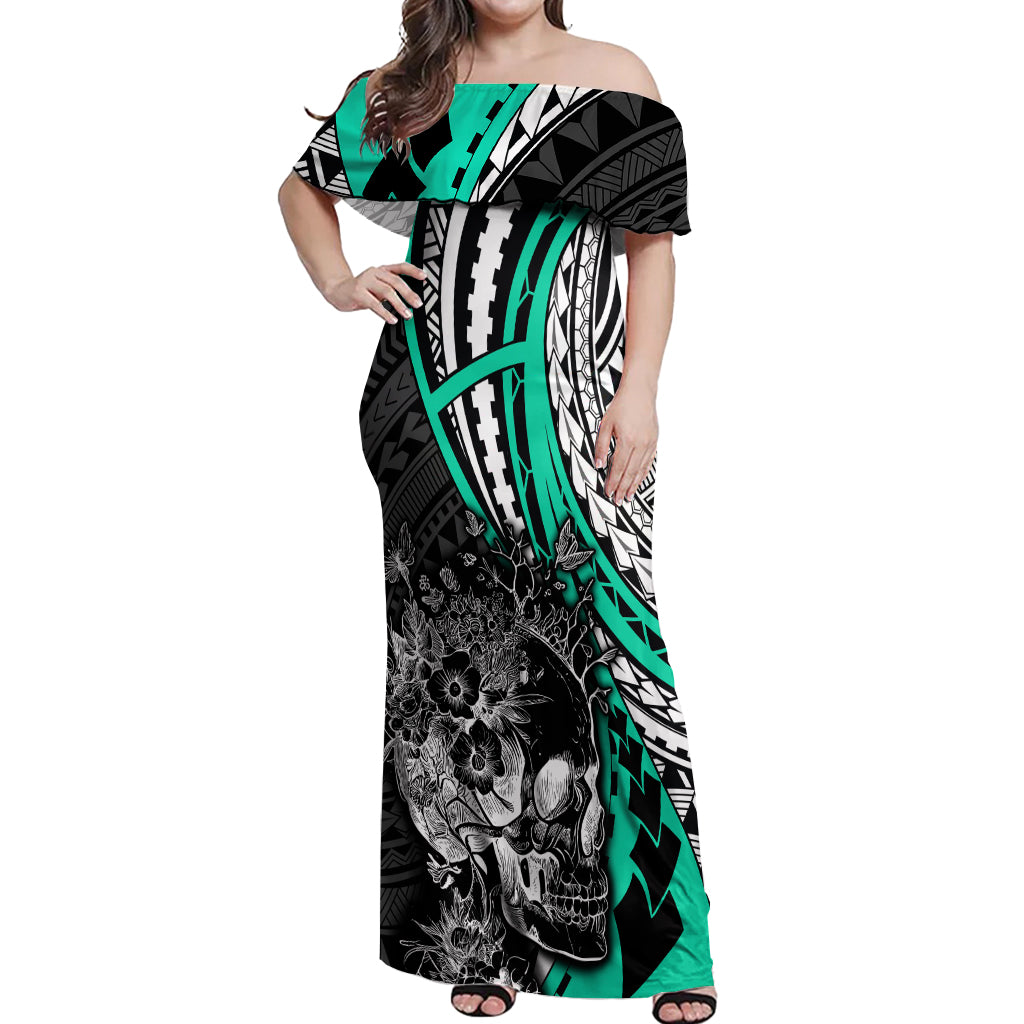 Personalised Polynesia Skull Off Shoulder Maxi Dress Tattoo In The Style Of Maori With Marine Life Aqua LT9 Women Aqua - Polynesian Pride