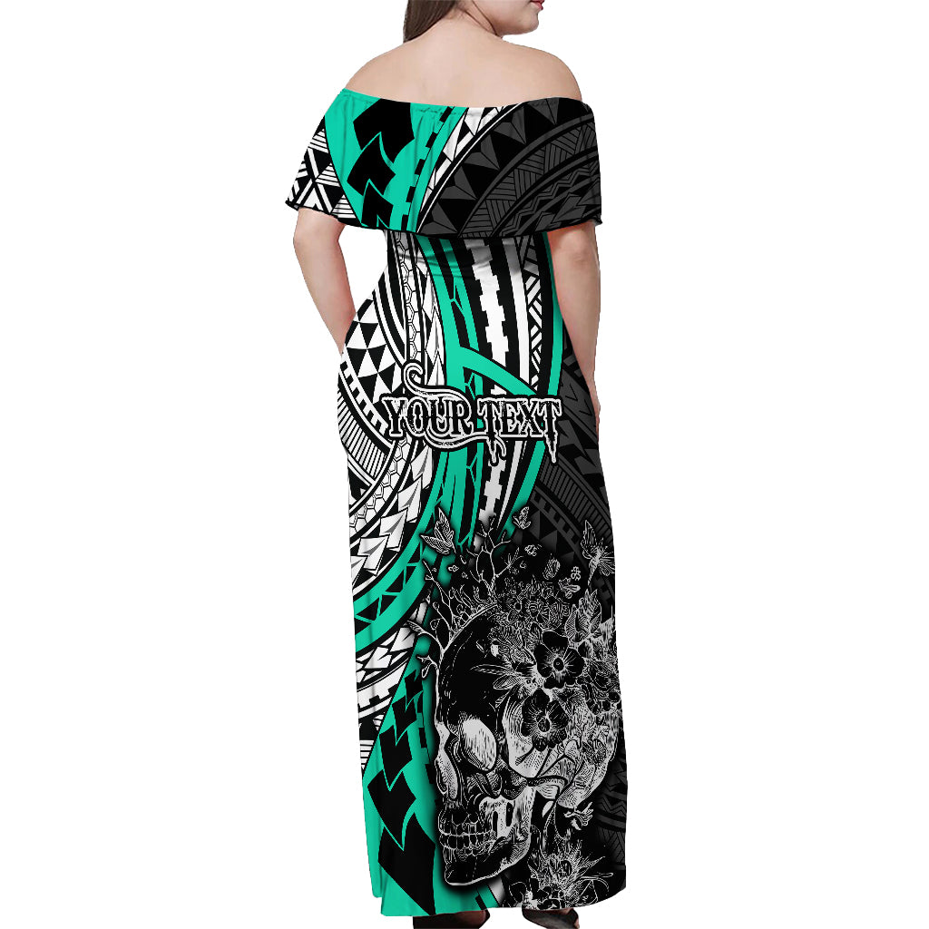 Personalised Polynesia Skull Off Shoulder Maxi Dress Tattoo In The Style Of Maori With Marine Life Aqua LT9 - Polynesian Pride