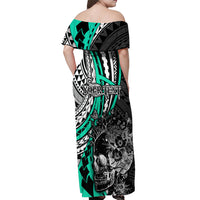 Personalised Polynesia Skull Off Shoulder Maxi Dress Tattoo In The Style Of Maori With Marine Life Aqua LT9 - Polynesian Pride