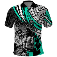 Personalised Polynesia Skull Polo Shirt Tattoo In The Style Of Maori With Marine Life Aqua LT9 Aqua - Polynesian Pride
