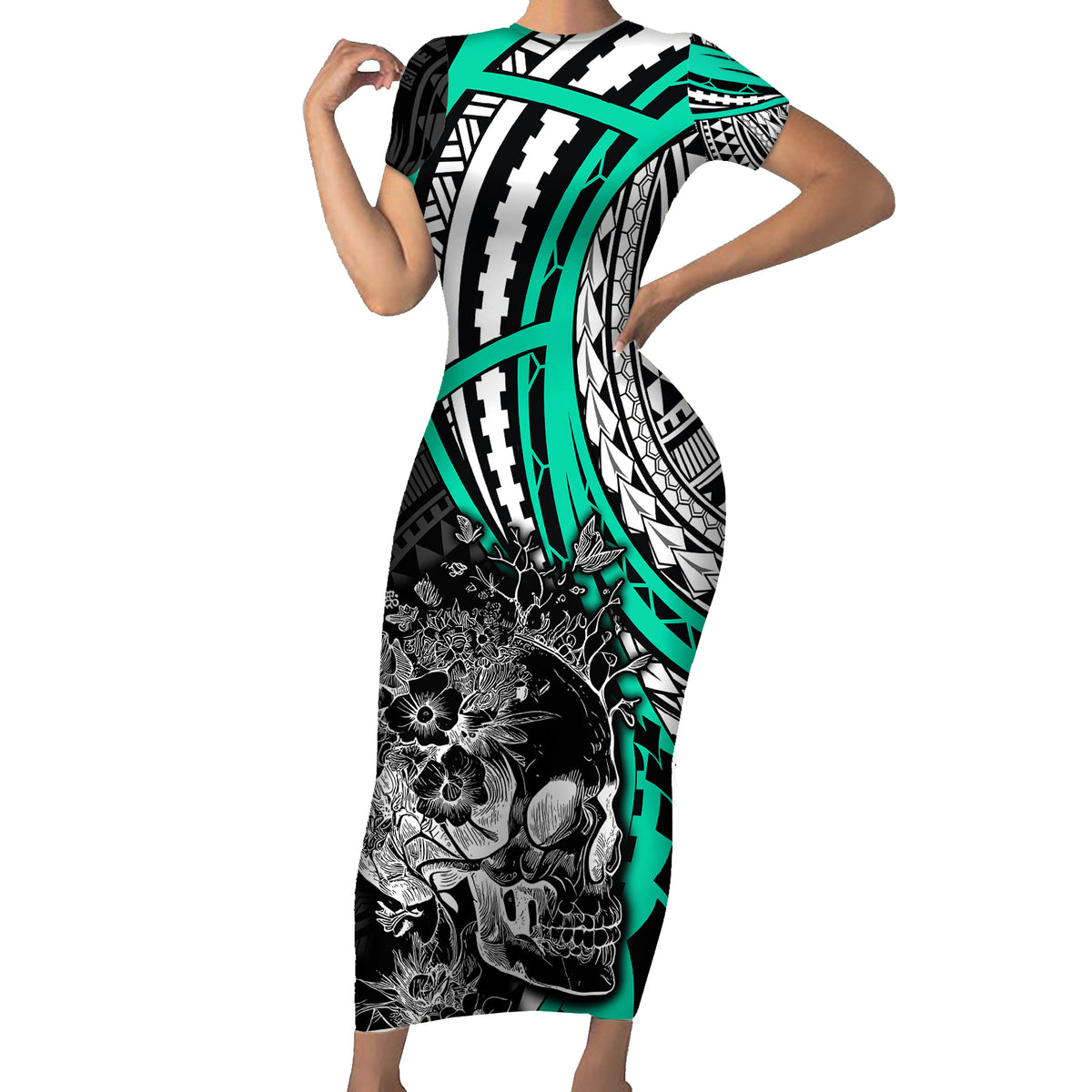 personalised-polynesia-skull-short-sleeve-bodycon-dress-tattoo-in-the-style-of-maori-with-marine-life-aqua