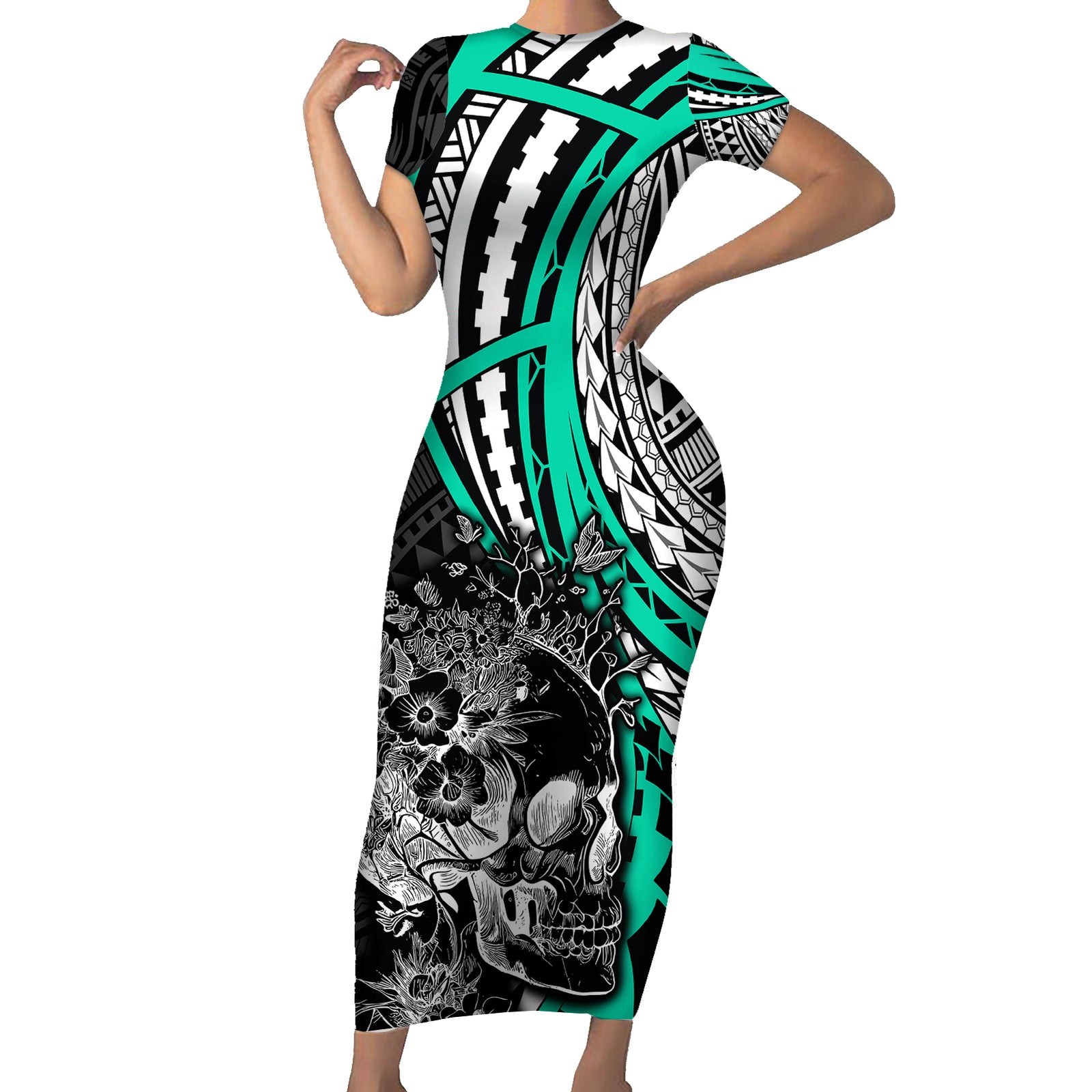 personalised-polynesia-skull-short-sleeve-bodycon-dress-tattoo-in-the-style-of-maori-with-marine-life-aqua