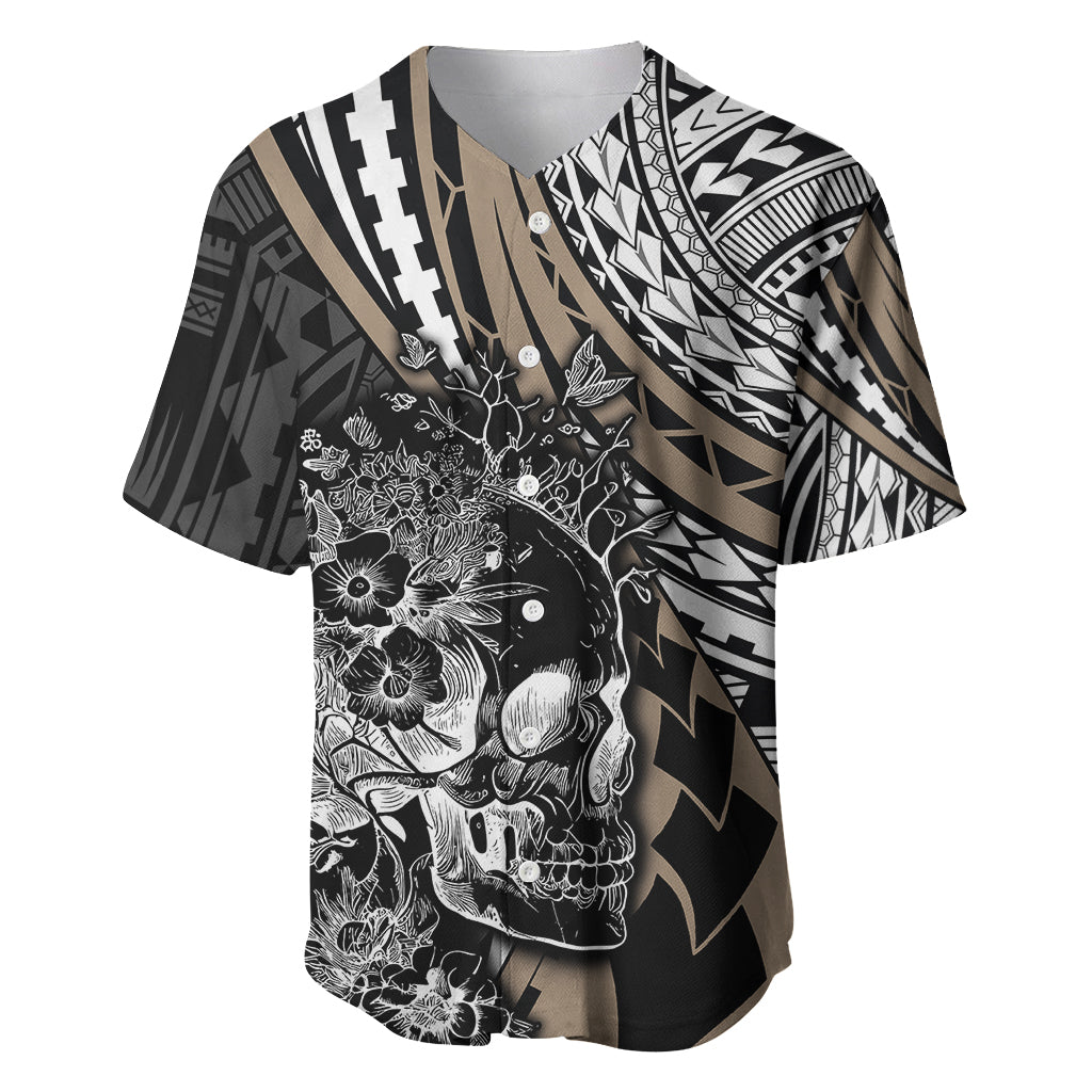 Personalised Polynesia Skull Baseball Jersey Tattoo In The Style Of Maori With Marine Life Gold LT9 Gold - Polynesian Pride