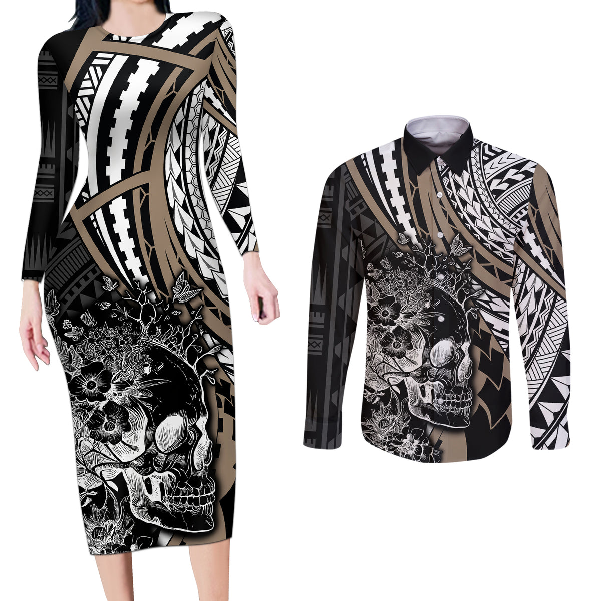 personalised-polynesia-skull-couples-matching-long-sleeve-bodycon-dress-and-long-sleeve-button-shirts-tattoo-in-the-style-of-maori-with-marine-life-gold