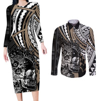 personalised-polynesia-skull-couples-matching-long-sleeve-bodycon-dress-and-long-sleeve-button-shirts-tattoo-in-the-style-of-maori-with-marine-life-gold