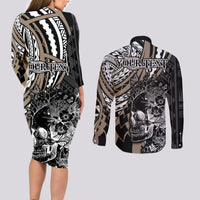personalised-polynesia-skull-couples-matching-long-sleeve-bodycon-dress-and-long-sleeve-button-shirts-tattoo-in-the-style-of-maori-with-marine-life-gold