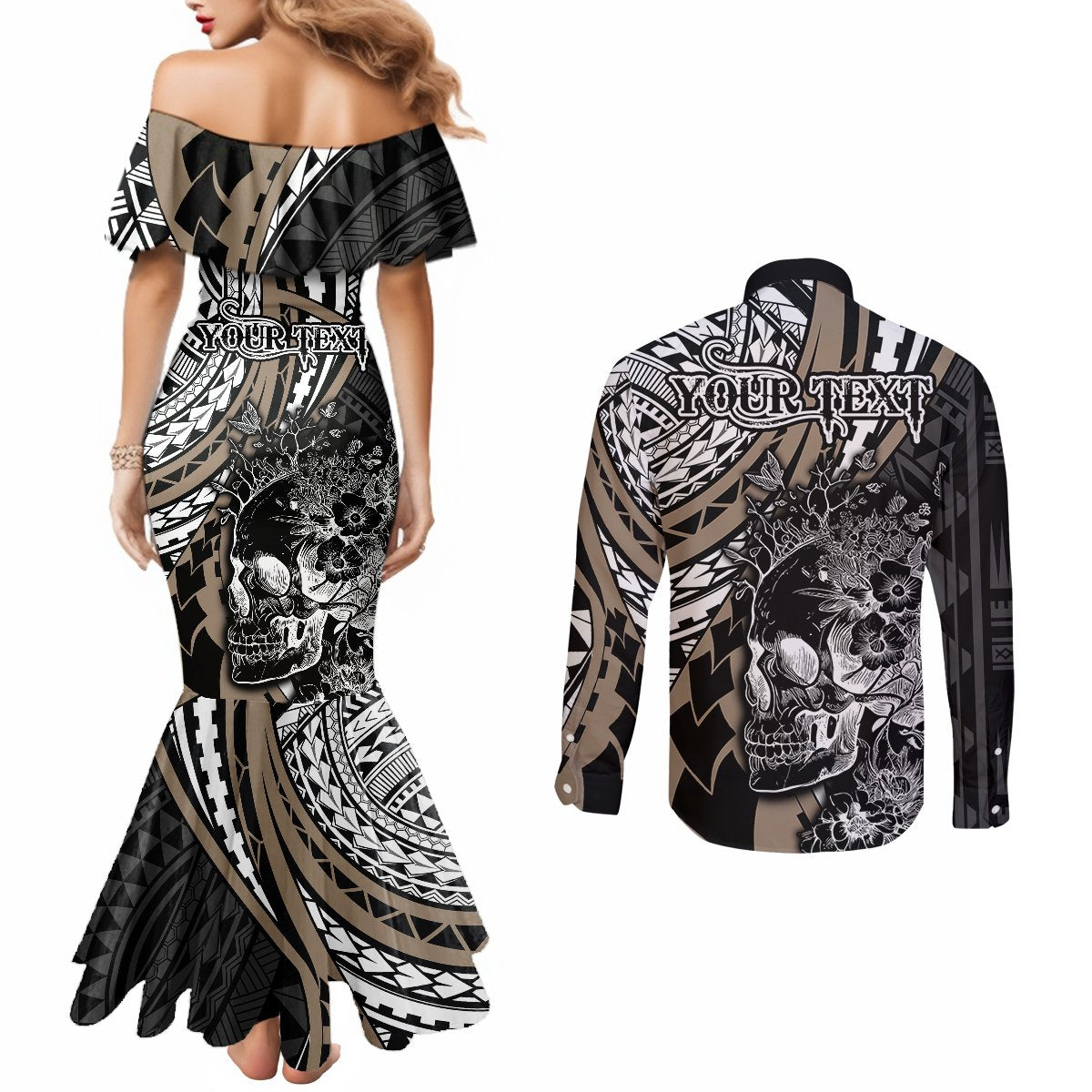 personalised-polynesia-skull-couples-matching-mermaid-dress-and-long-sleeve-button-shirts-tattoo-in-the-style-of-maori-with-marine-life-gold