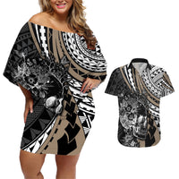 personalised-polynesia-skull-couples-matching-off-shoulder-short-dress-and-hawaiian-shirt-tattoo-in-the-style-of-maori-with-marine-life-gold
