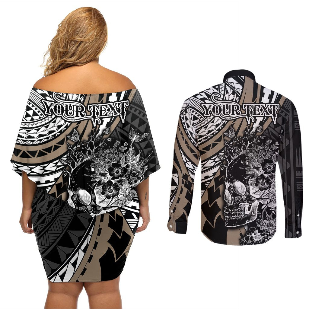 personalised-polynesia-skull-couples-matching-off-shoulder-short-dress-and-long-sleeve-button-shirts-tattoo-in-the-style-of-maori-with-marine-life-gold