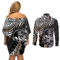 personalised-polynesia-skull-couples-matching-off-shoulder-short-dress-and-long-sleeve-button-shirts-tattoo-in-the-style-of-maori-with-marine-life-gold