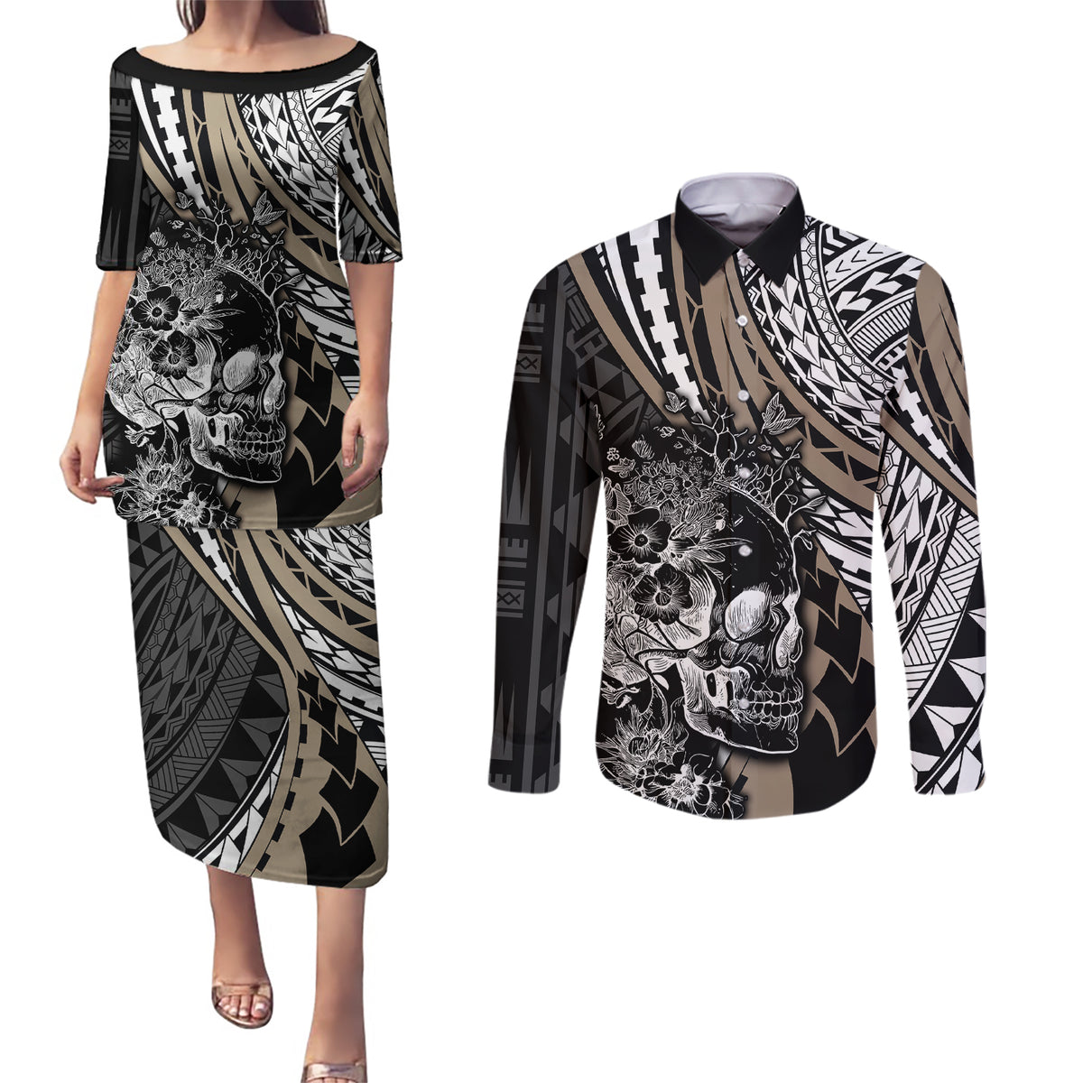 personalised-polynesia-skull-couples-matching-puletasi-dress-and-long-sleeve-button-shirts-tattoo-in-the-style-of-maori-with-marine-life-gold