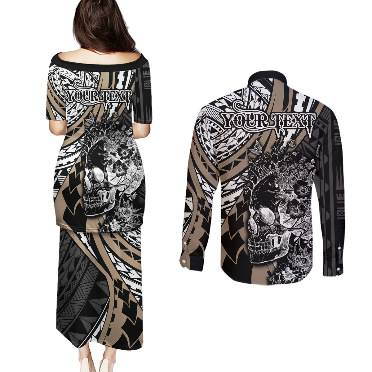 personalised-polynesia-skull-couples-matching-puletasi-dress-and-long-sleeve-button-shirts-tattoo-in-the-style-of-maori-with-marine-life-gold